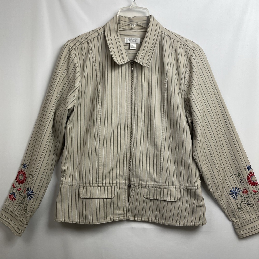 Christopher & Banks Womens Large Tan Full Zip Pinstripe Jacket Embroidered